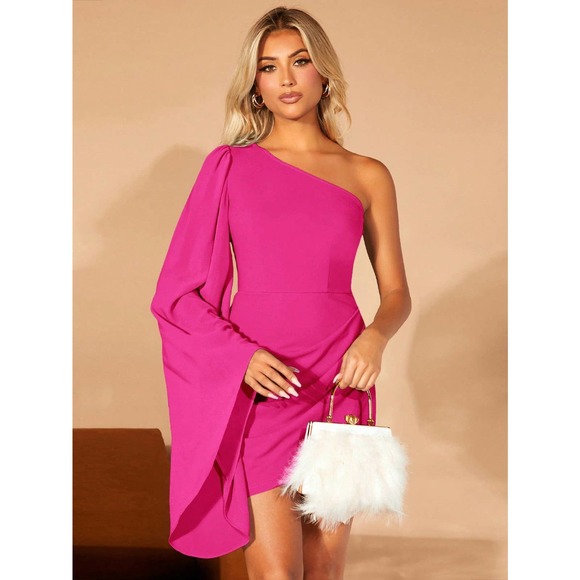 cold shoulder One Shoulder Bell Sleeve Bodycon mini Dress - Picture 3 of 6